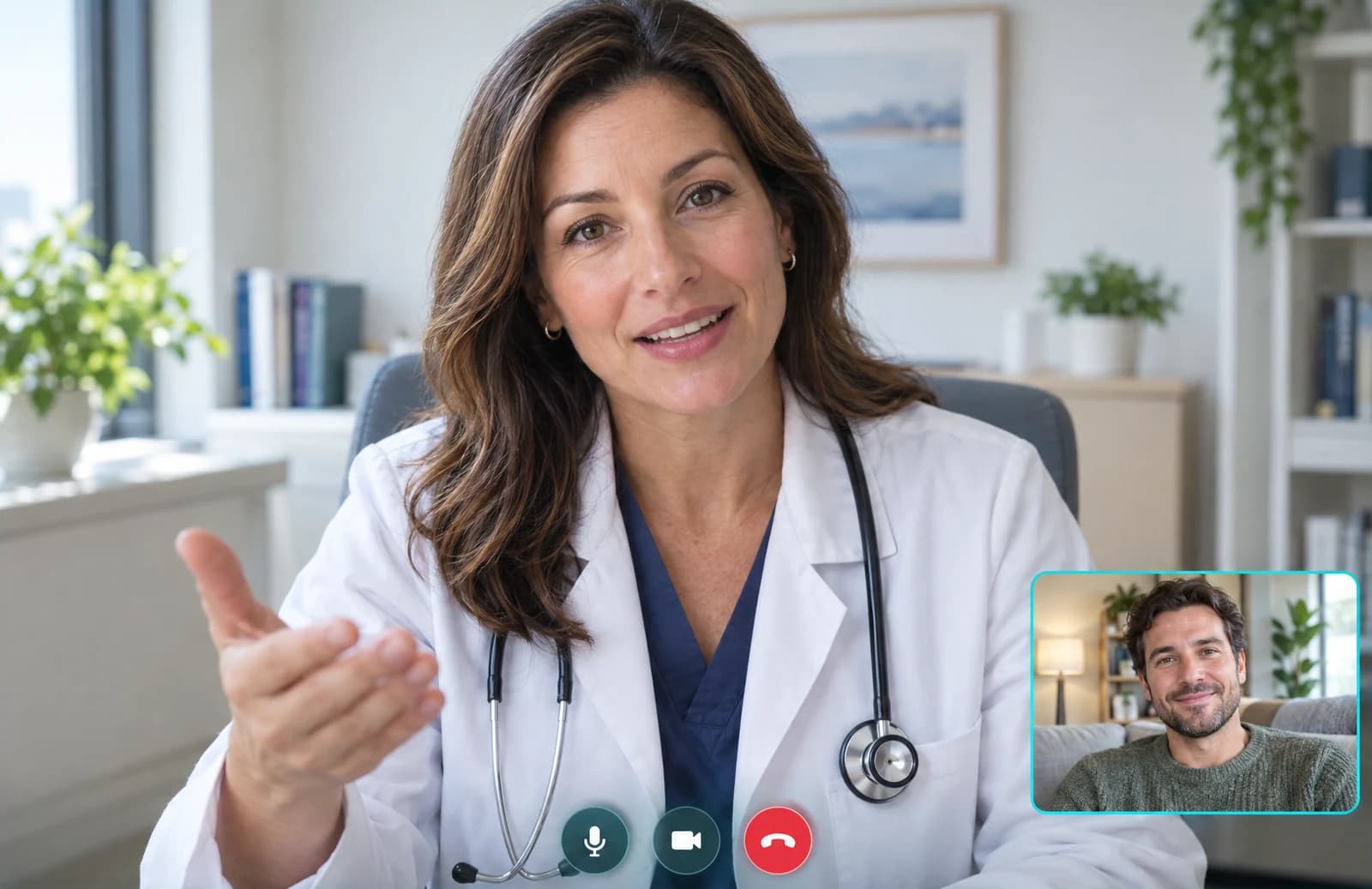 Video consultation, illustrative image: a doctor talks with a patient who joins from home