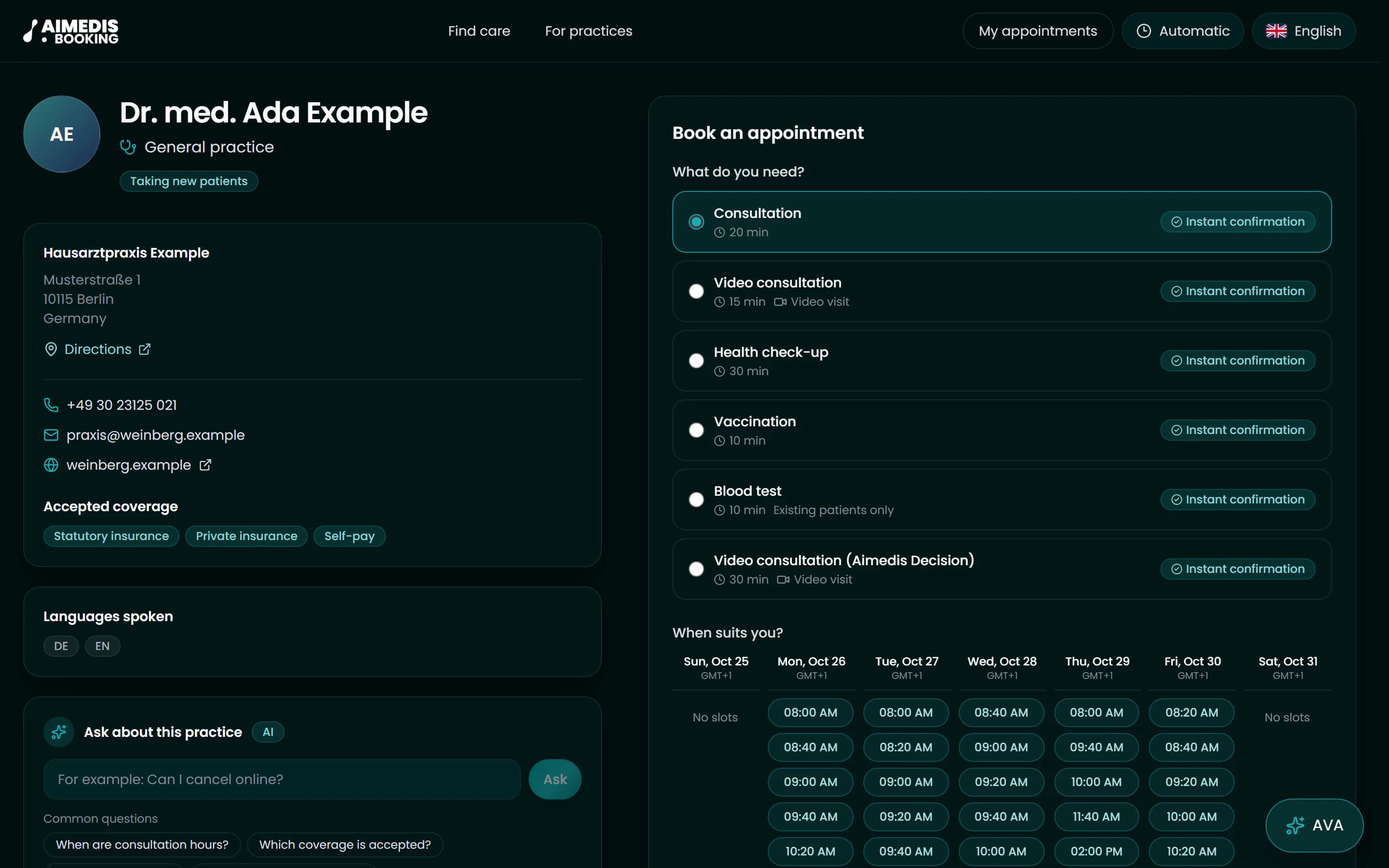 Aimedis Booking practice profile: appointment types with instant confirmation, video visits and a week of open slots
