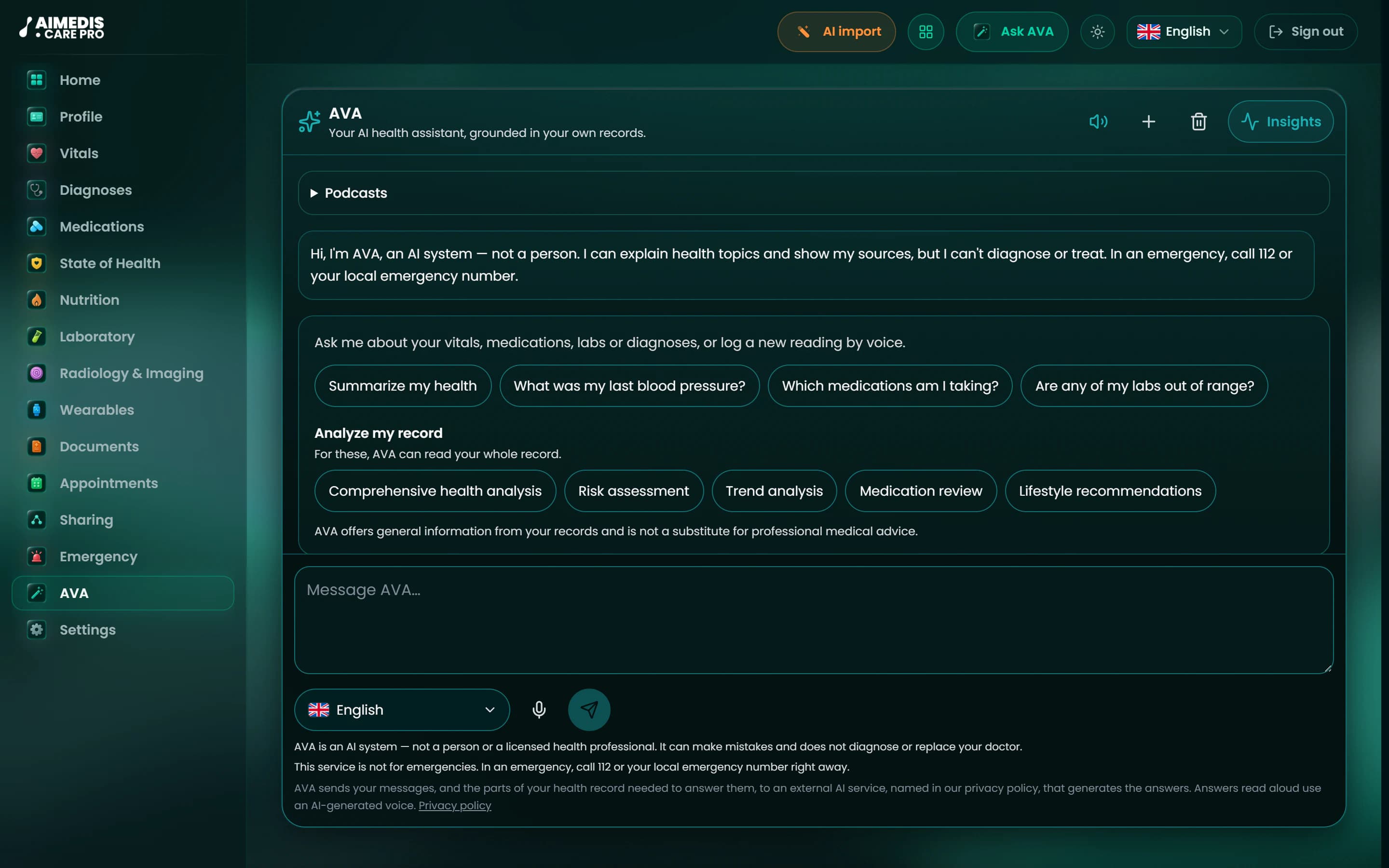 AVA in Aimedis Care Pro, with suggested questions about the patient's own record and the notice that AVA does not diagnose