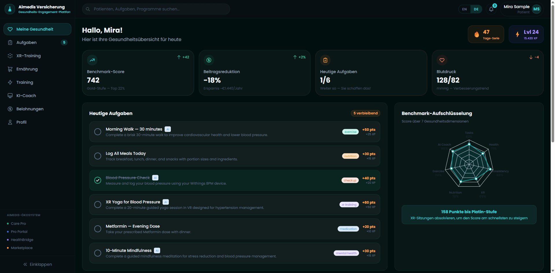 Aimedis Insur patient dashboard with benchmark score, premium reduction and daily tasks