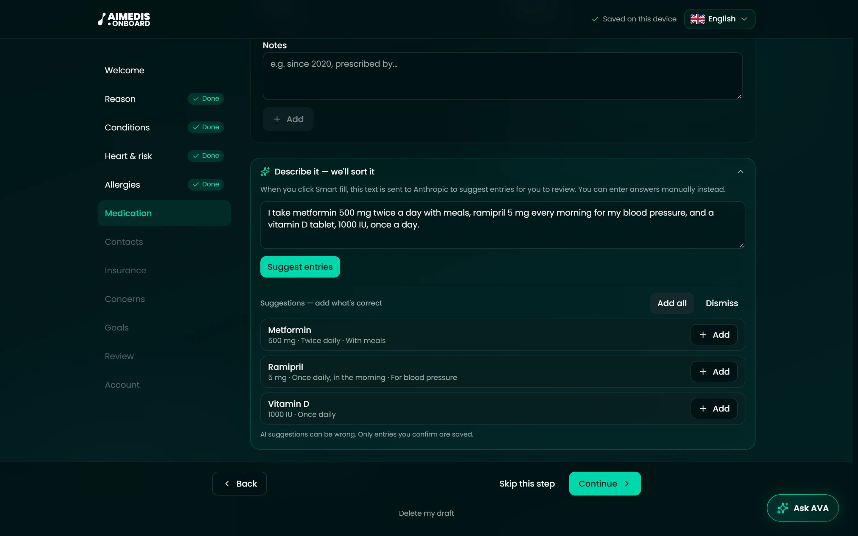 Aimedis Onboarding medication step: a medication list typed in the patient's own words becomes structured entries the patient reviews before adding