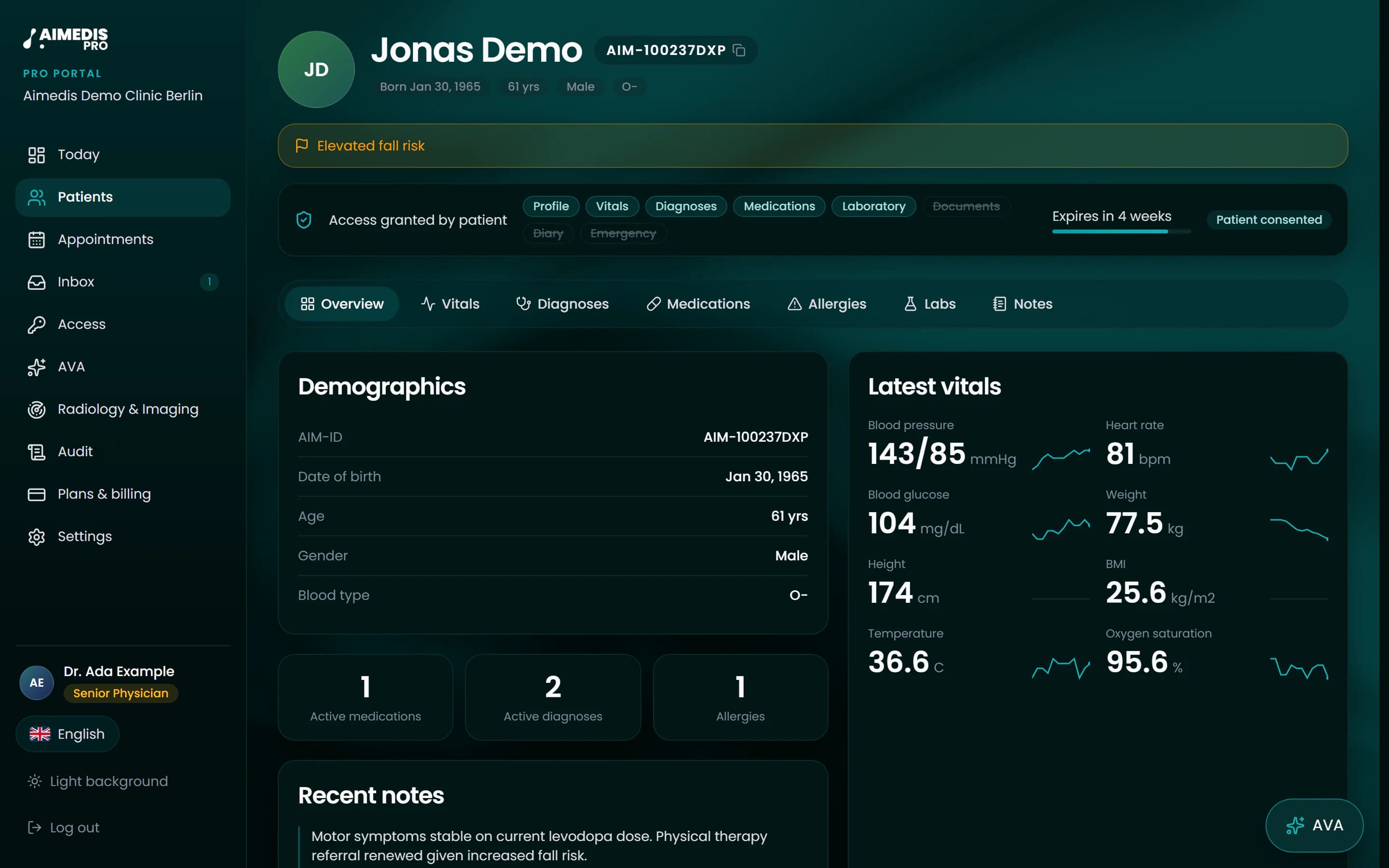 Aimedis Pro patient record opened with the patient's consent: granted scopes, expiry, demographics and latest vitals