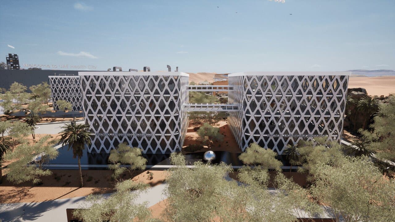 Aimedis XR screenshot showing the virtual Avalon University Hospital