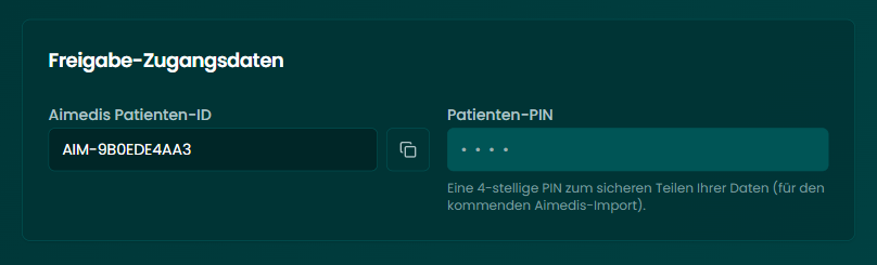 Decision Pro patient profile — sharing credentials with Aimedis Patient ID and PIN
