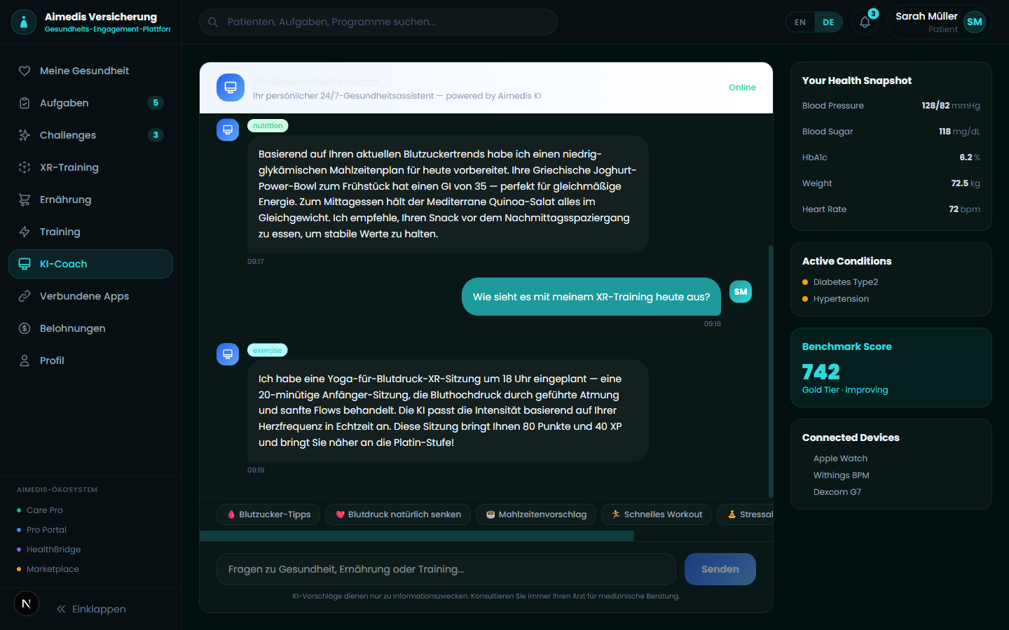 Aimedis Insur AI health coach chat with health snapshot, conditions and benchmark score