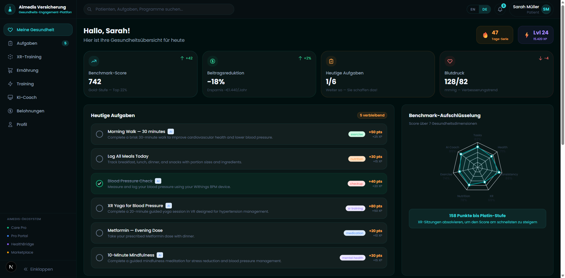 Aimedis Insur patient dashboard with benchmark score, premium reduction and daily tasks