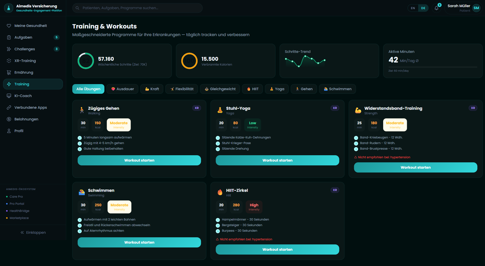 Aimedis Insur training and workouts page with condition-tailored exercise programs