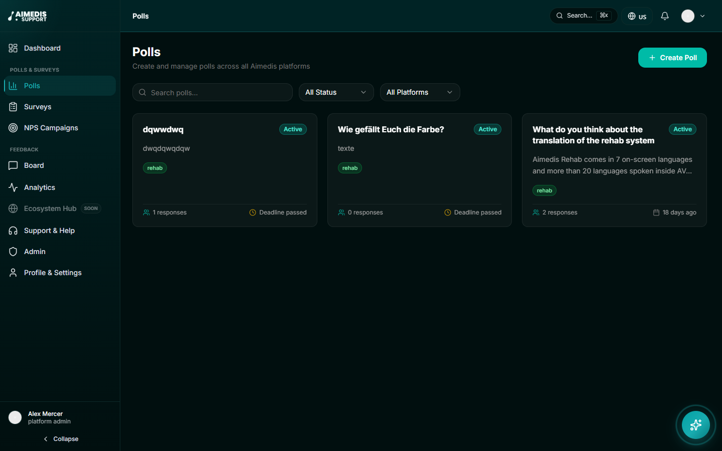 Aimedis Support — polls and feedback items tracked by status across every Aimedis platform